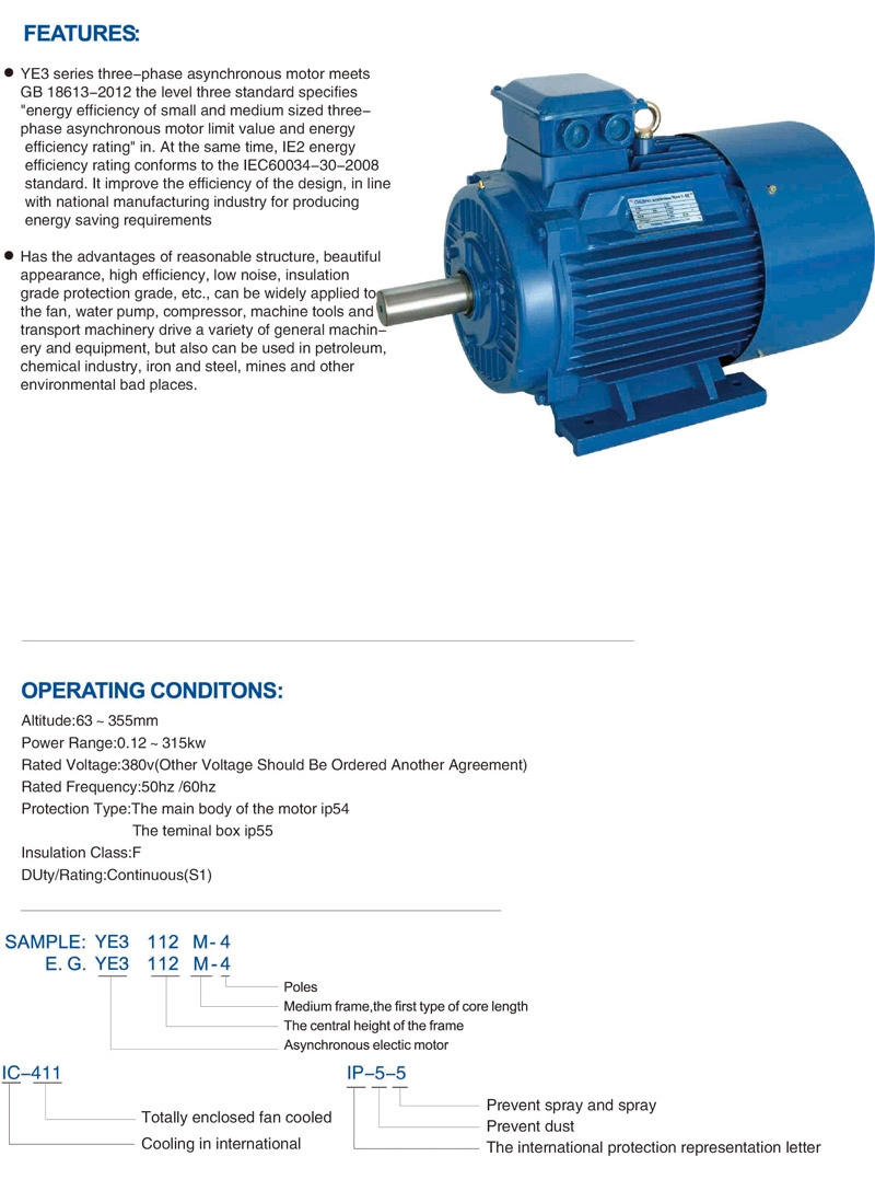 Chinese CE Ie2 Ie3 Ye2 Ye3 Yb3 Ybx3 Y2 Yc Ml Yl Premium High Efficiency Electric/Industrial /Electrical Induction Asynchronous High Power AC Motor Manufacturer